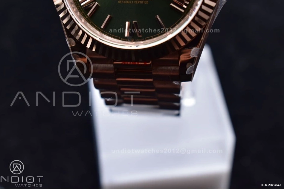 DayDate Markers FashionForward Steel Bracelet RG Roman V 904L on Tungsten GMF President 40 Weighted Dial 709 A2836 Green 1026